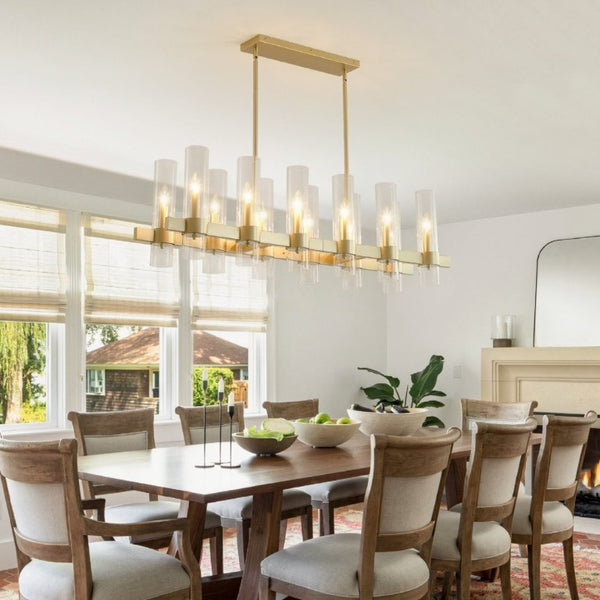 English Elm Gold 12 Light Linear Chandelier Seeded Glass Shades Modern Farmhouse Dining Fixture W5008P544122