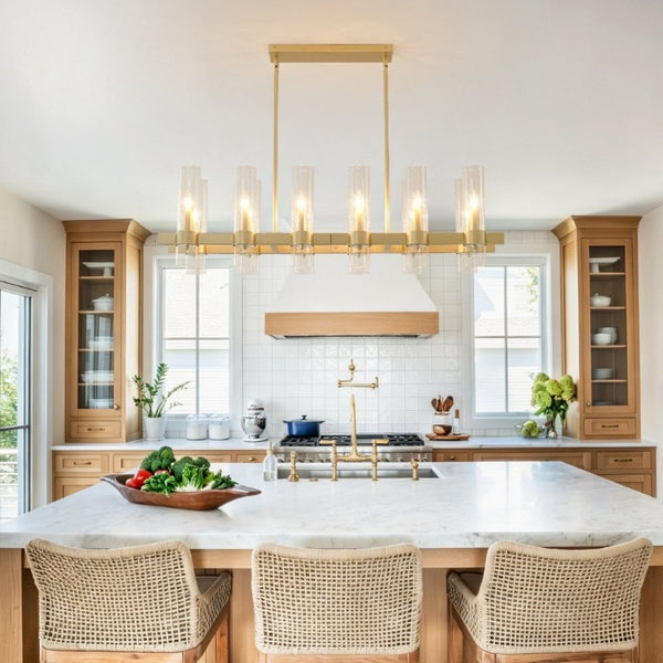 English Elm Gold 12 Light Linear Chandelier Seeded Glass Shades Modern Farmhouse Dining Fixture W5008P544122