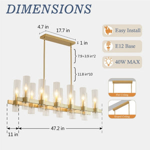 English Elm Gold 12 Light Linear Chandelier Seeded Glass Shades Modern Farmhouse Dining Fixture W5008P544122