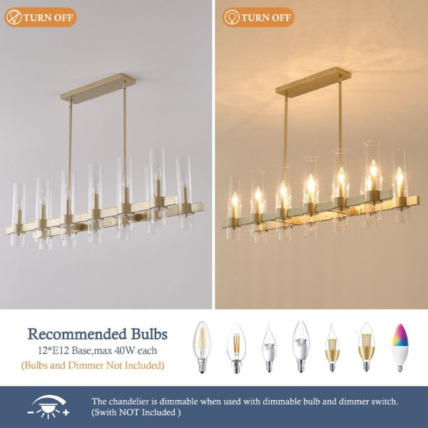 English Elm Gold 12 Light Linear Chandelier Seeded Glass Shades Modern Farmhouse Dining Fixture W5008P544122