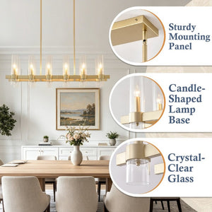 English Elm Gold 12 Light Linear Chandelier Seeded Glass Shades Modern Farmhouse Dining Fixture W5008P544122