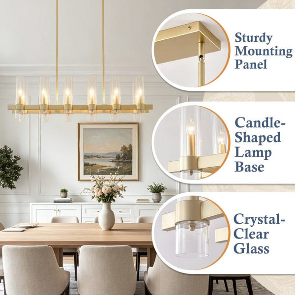 English Elm Gold 12 Light Linear Chandelier Seeded Glass Shades Modern Farmhouse Dining Fixture W5008P544122