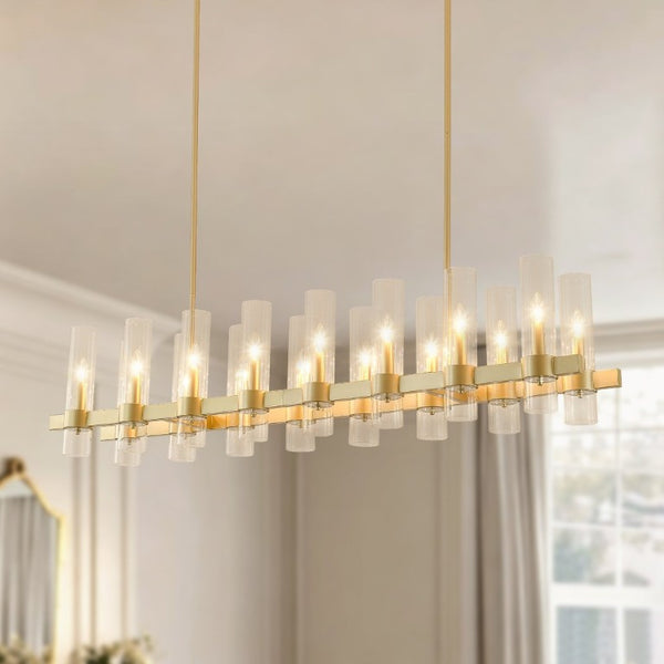 English Elm Gold Linear Chandelier 16 Seeded Glass Shades Modern Farmhouse Pendant for Dining Room W5008P544123