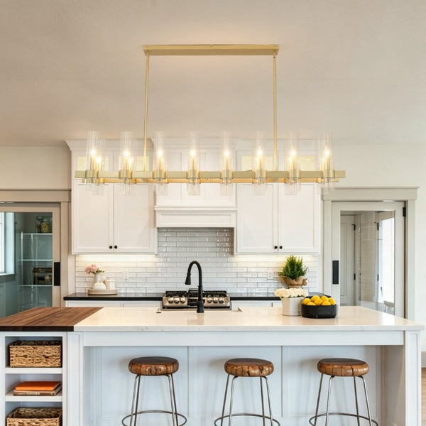 English Elm Gold Linear Chandelier 16 Seeded Glass Shades Modern Farmhouse Pendant for Dining Room W5008P544123