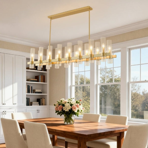 English Elm Gold Linear Chandelier 16 Seeded Glass Shades Modern Farmhouse Pendant for Dining Room W5008P544123