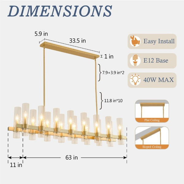 English Elm Gold Linear Chandelier 16 Seeded Glass Shades Modern Farmhouse Pendant for Dining Room W5008P544123