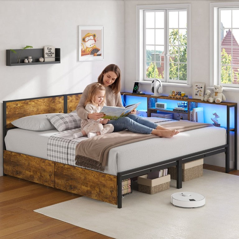 English Elm King Metal Platform Bed with LED Lighting Bookcase Headboard and Under Drawer Storage W5026P533741