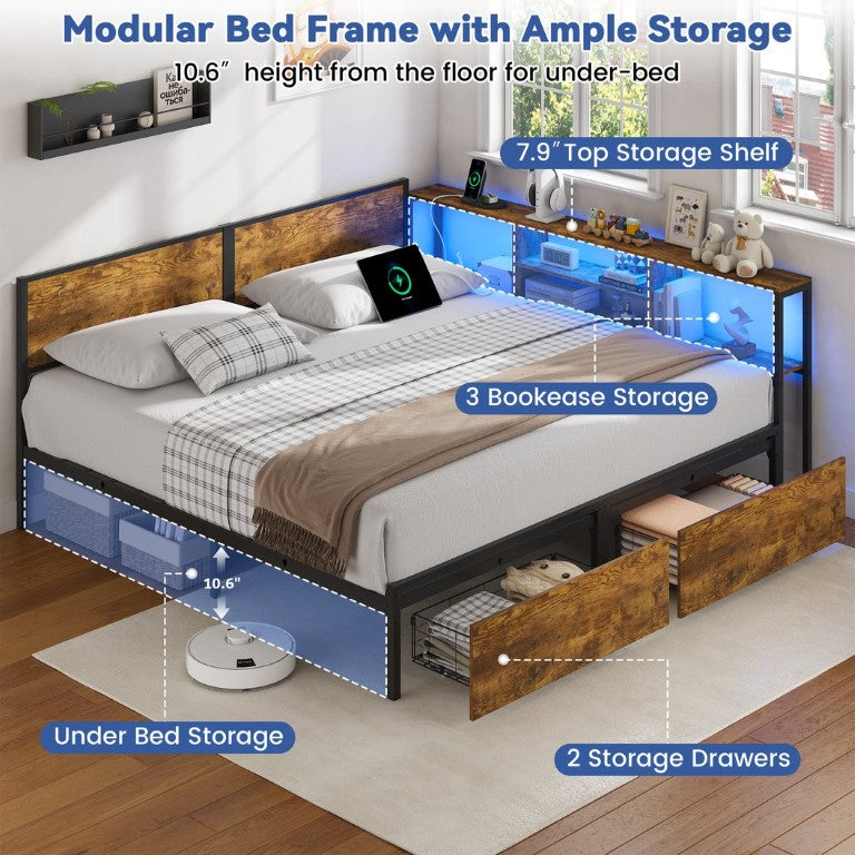 English Elm King Metal Platform Bed with LED Lighting Bookcase Headboard and Under Drawer Storage W5026P533741