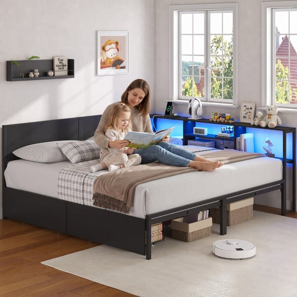 English Elm King Metal Platform Bed with Bookcase Headboard LED Lighting and Storage Drawers W5026P533743