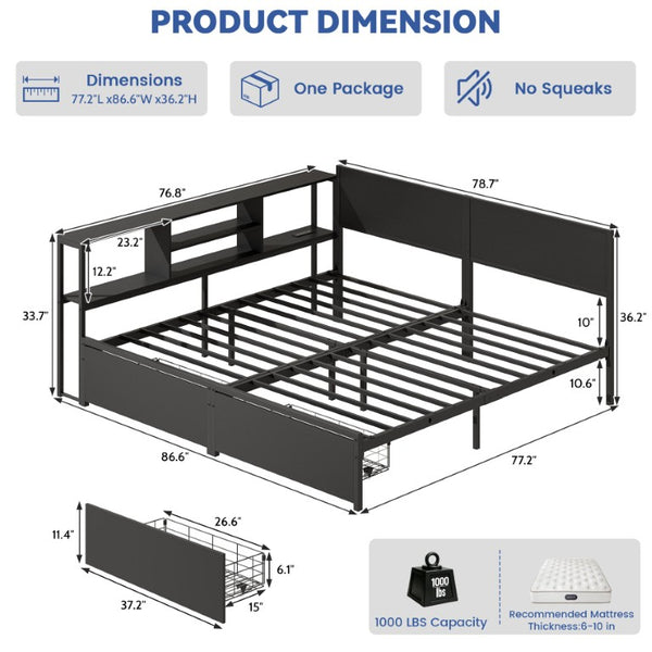 English Elm King Metal Platform Bed with Bookcase Headboard LED Lighting and Storage Drawers W5026P533743