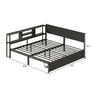 English Elm King Metal Platform Bed with Bookcase Headboard LED Lighting and Storage Drawers W5026P533743