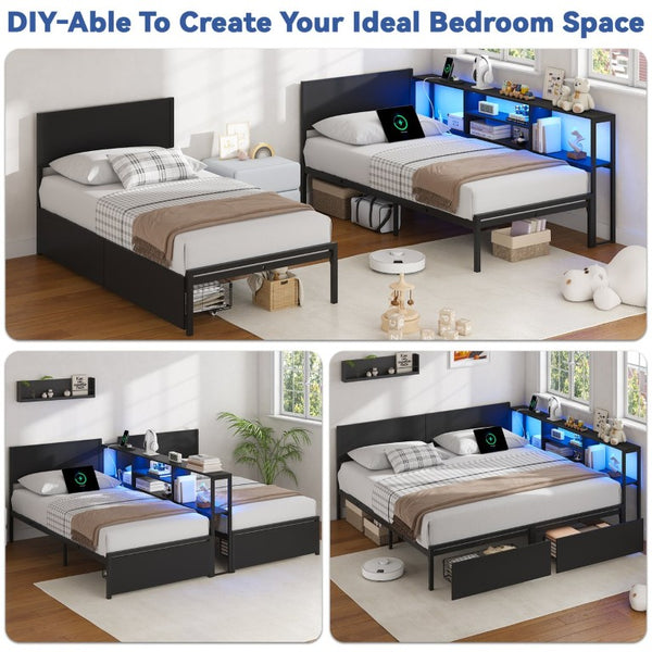 English Elm King Metal Platform Bed with Bookcase Headboard LED Lighting and Storage Drawers W5026P533743