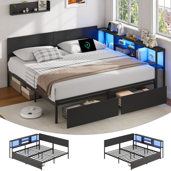 English Elm King Metal Platform Bed with Bookcase Headboard LED Lighting and Storage Drawers W5026P533743