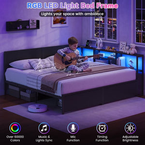 English Elm King Metal Platform Bed with Bookcase Headboard LED Lighting and Storage Drawers W5026P533743