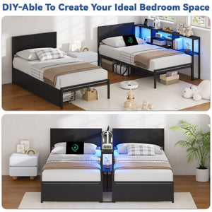 English Elm King Metal Platform Bed with Bookcase Headboard LED Lighting and Storage Drawers W5026P533743