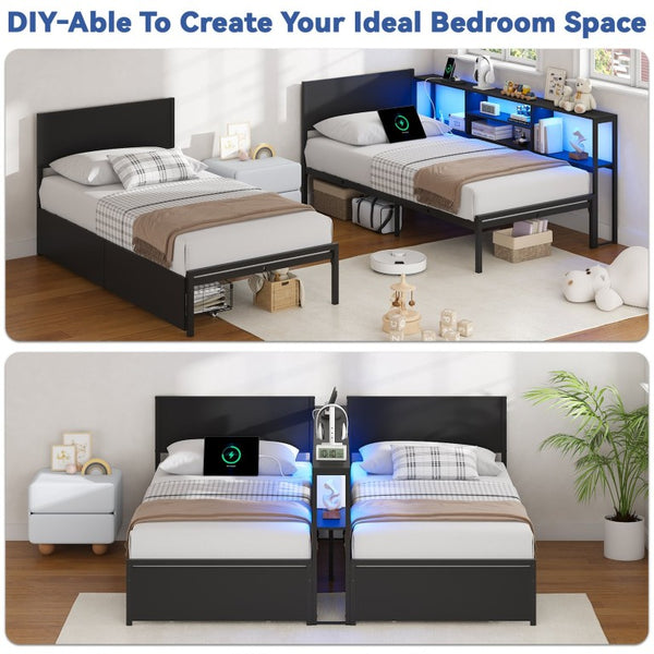 English Elm King Metal Platform Bed with Bookcase Headboard LED Lighting and Storage Drawers W5026P533743