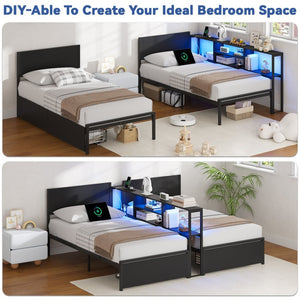 English Elm King Metal Platform Bed with Bookcase Headboard LED Lighting and Storage Drawers W5026P533743