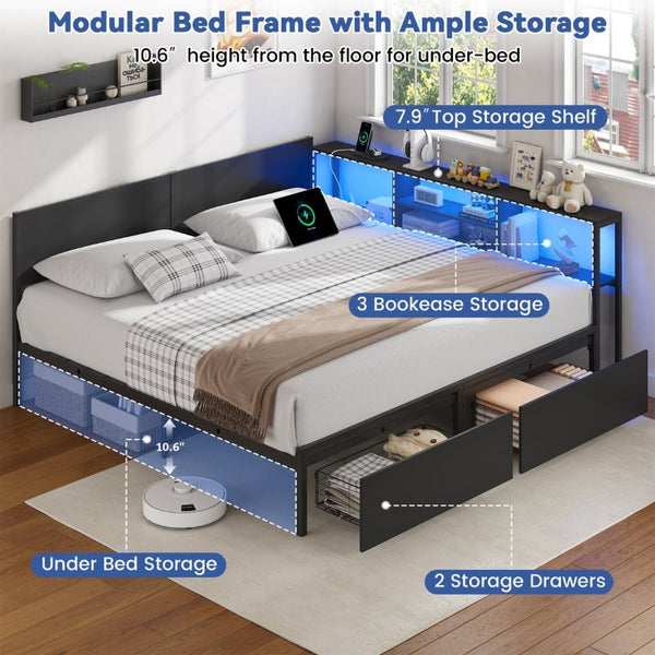 English Elm King Metal Platform Bed with Bookcase Headboard LED Lighting and Storage Drawers W5026P533743