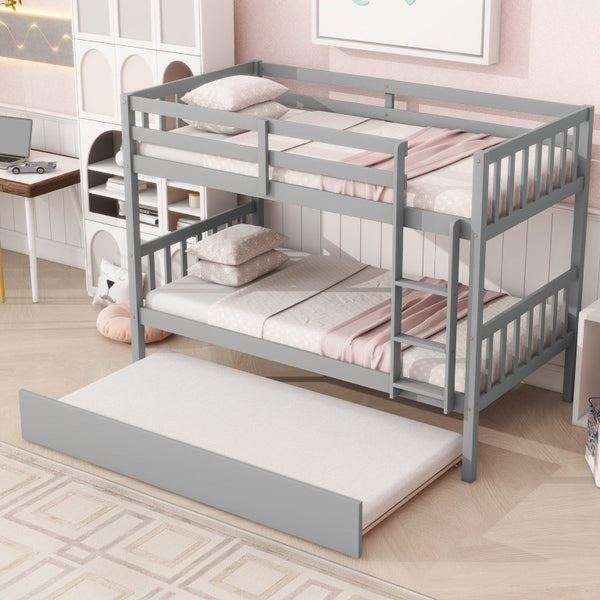 English Elm Twin Over Rubberwood Bunk Bed with Pull-Out Trundle for Kids Shared Rooms Grey Bunk Bed with Trundle W504P190937