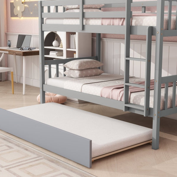 English Elm Twin Over Rubberwood Bunk Bed with Pull-Out Trundle for Kids Shared Rooms Grey Bunk Bed with Trundle W504P190937