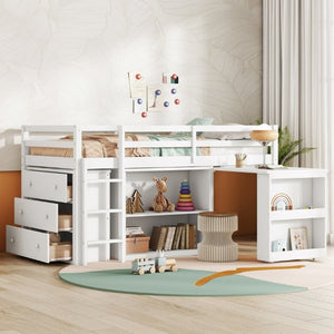 English Elm Twin Loft Bed with Pull Out Desk Three Drawers and Shelves for Kids Bedrooms W504P228802