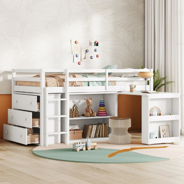 English Elm Twin Loft Bed with Pull Out Desk Three Drawers and Shelves for Kids Bedrooms W504P228802
