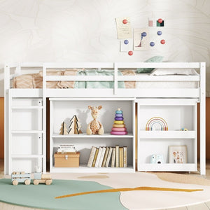 English Elm Twin Loft Bed with Pull Out Desk Three Drawers and Shelves for Kids Bedrooms W504P228802