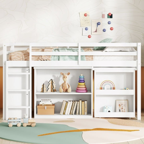 English Elm Twin Loft Bed with Pull Out Desk Three Drawers and Shelves for Kids Bedrooms W504P228802