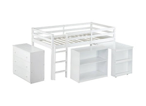 English Elm Twin Loft Bed with Pull Out Desk Three Drawers and Shelves for Kids Bedrooms W504P228802
