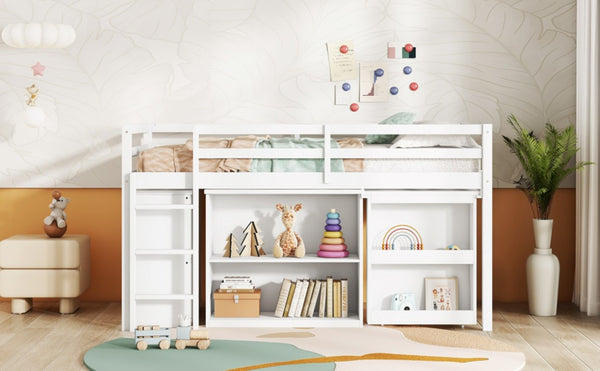 English Elm Twin Loft Bed with Pull Out Desk Three Drawers and Shelves for Kids Bedrooms W504P228802