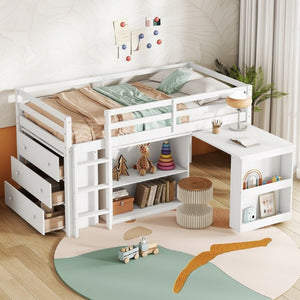 English Elm Twin Loft Bed with Pull Out Desk Three Drawers and Shelves for Kids Bedrooms W504P228802