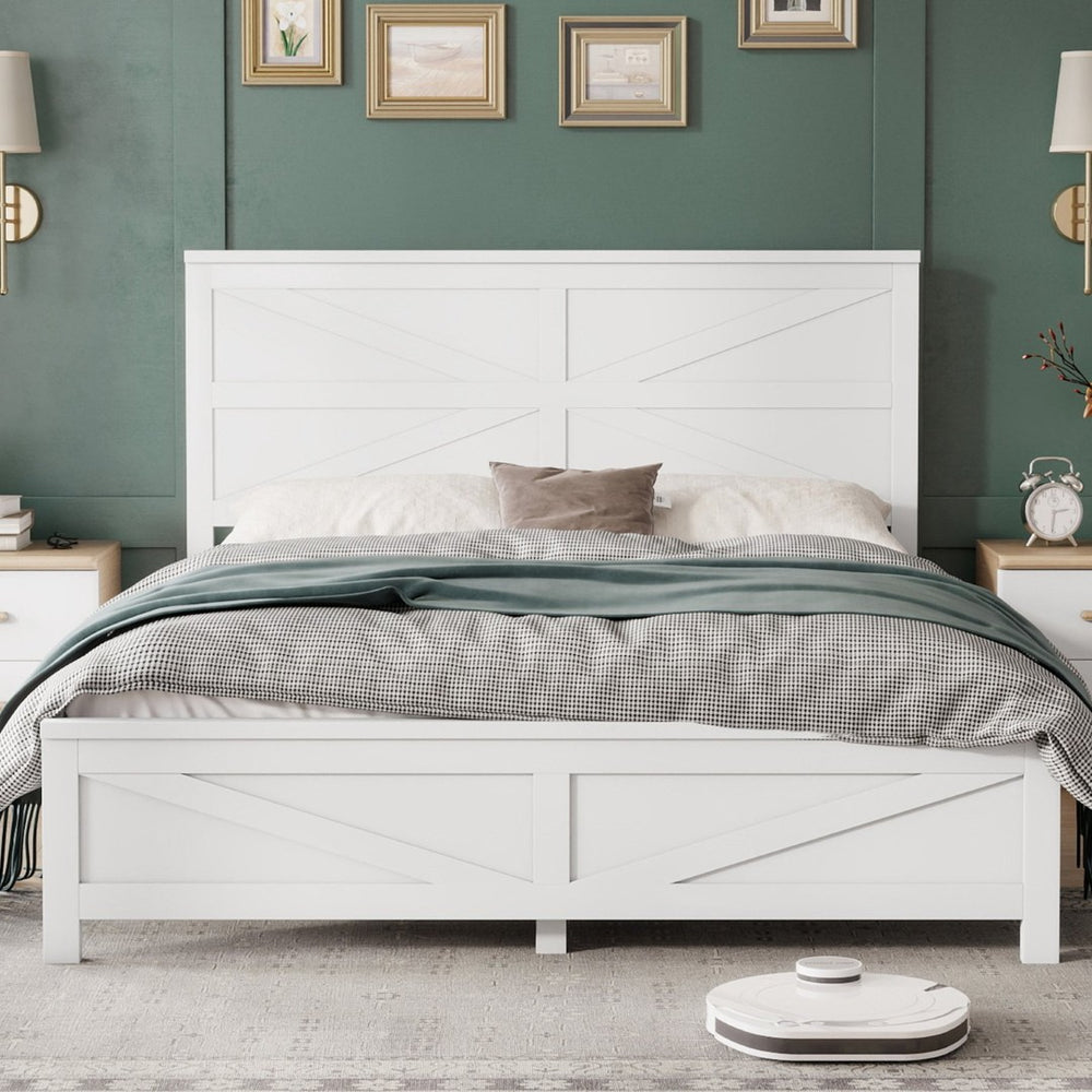 English Elm Farmhouse Queen Bed Solid Pine Slat Panel Headboard Footboard Platform Frame White W504P397196
