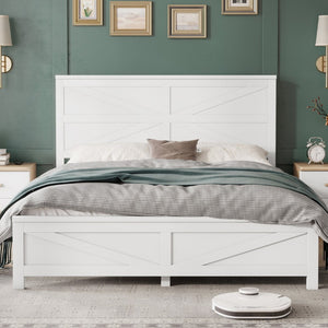 English Elm Farmhouse Queen Bed Solid Pine Slat Panel Headboard Footboard Platform Frame White W504P397196