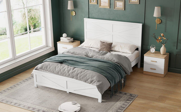 English Elm Farmhouse Queen Bed Solid Pine Slat Panel Headboard Footboard Platform Frame White W504P397196