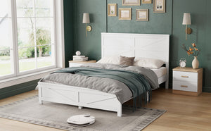 English Elm Farmhouse Queen Bed Solid Pine Slat Panel Headboard Footboard Platform Frame White W504P397196