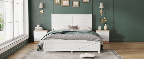 English Elm Farmhouse Queen Bed Solid Pine Slat Panel Headboard Footboard Platform Frame White W504P397196