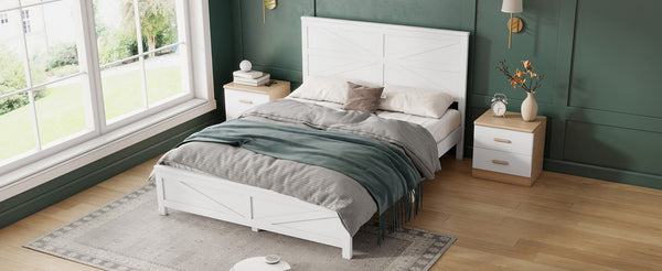 English Elm Farmhouse Queen Bed Solid Pine Slat Panel Headboard Footboard Platform Frame White W504P397196