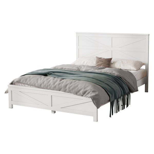 English Elm Farmhouse Queen Bed Solid Pine Slat Panel Headboard Footboard Platform Frame White W504P397196