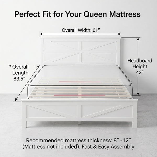 English Elm Farmhouse Queen Bed Solid Pine Slat Panel Headboard Footboard Platform Frame White W504P397196