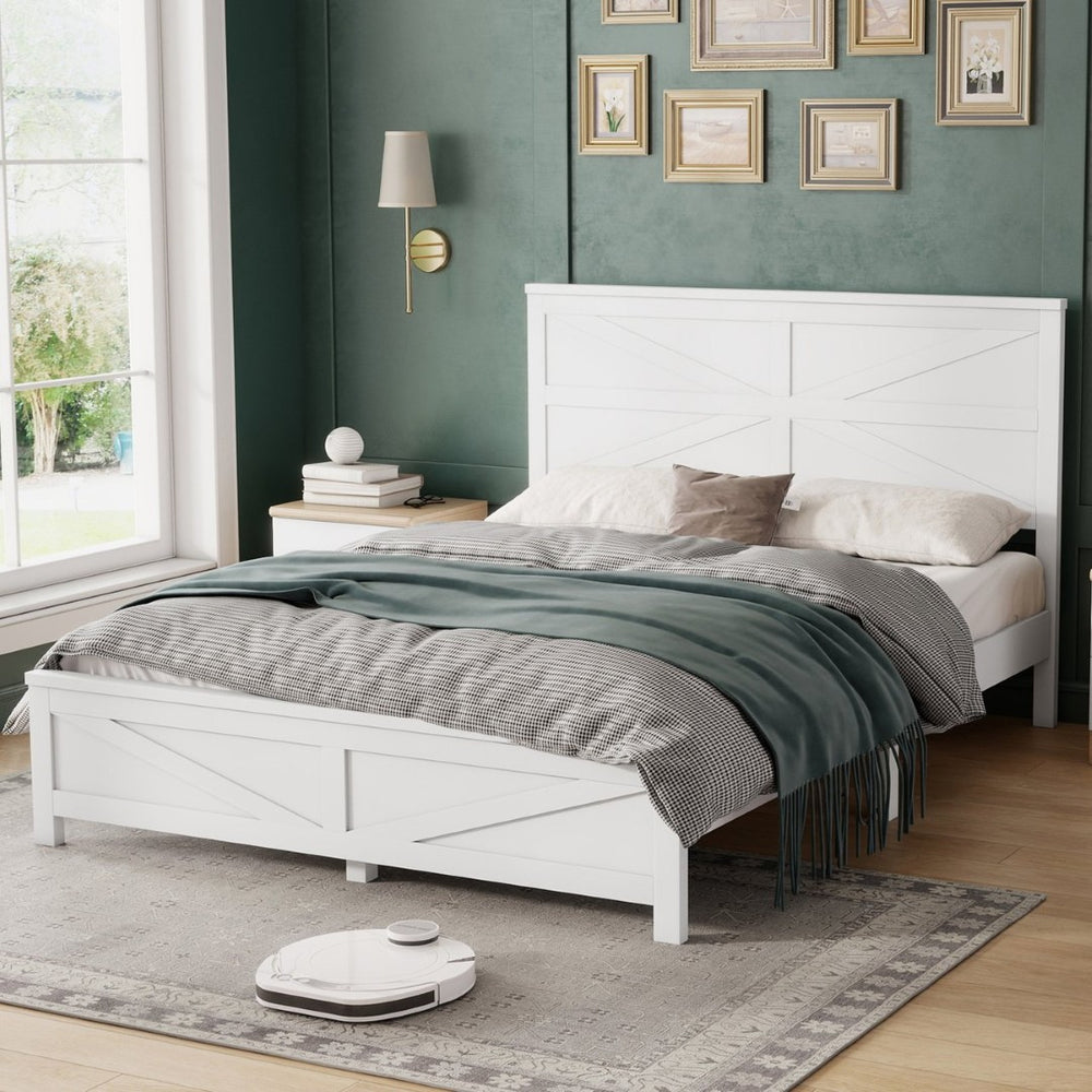 English Elm Farmhouse Queen Bed Solid Pine Slat Panel Headboard Footboard Platform Frame White W504P397196