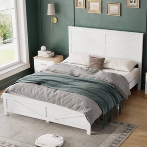 English Elm Farmhouse Queen Bed Solid Pine Slat Panel Headboard Footboard Platform Frame White W504P397196