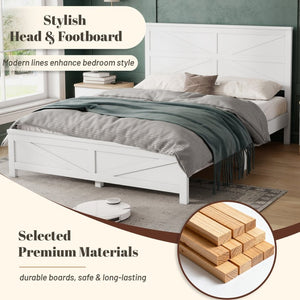 English Elm Farmhouse Queen Bed Solid Pine Slat Panel Headboard Footboard Platform Frame White W504P397196