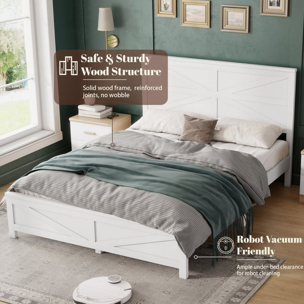 English Elm Farmhouse Queen Bed Solid Pine Slat Panel Headboard Footboard Platform Frame White W504P397196