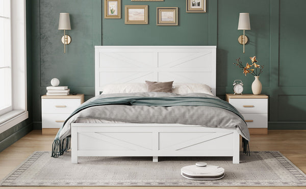 English Elm Farmhouse Queen Bed Solid Pine Slat Panel Headboard Footboard Platform Frame White W504P397196