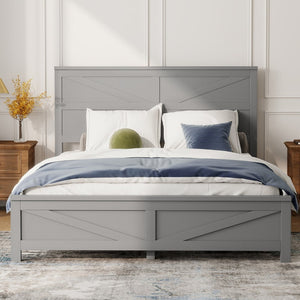 English Elm Farmhouse Queen Bed Solid Pine Slat Panel Headboard Footboard Platform Frame Grey W504P397203