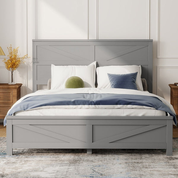 English Elm Farmhouse Queen Bed Solid Pine Slat Panel Headboard Footboard Platform Frame Grey W504P397203