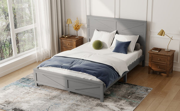English Elm Farmhouse Queen Bed Solid Pine Slat Panel Headboard Footboard Platform Frame Grey W504P397203