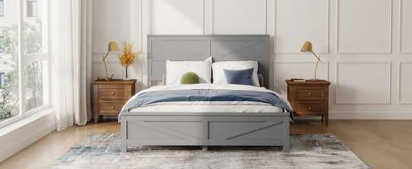 English Elm Farmhouse Queen Bed Solid Pine Slat Panel Headboard Footboard Platform Frame Grey W504P397203