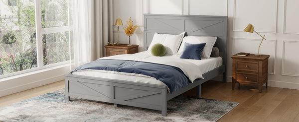 English Elm Farmhouse Queen Bed Solid Pine Slat Panel Headboard Footboard Platform Frame Grey W504P397203