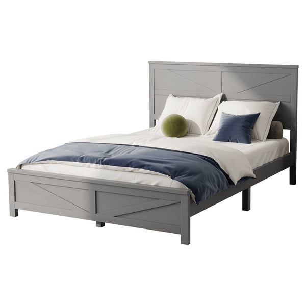 English Elm Farmhouse Queen Bed Solid Pine Slat Panel Headboard Footboard Platform Frame Grey W504P397203